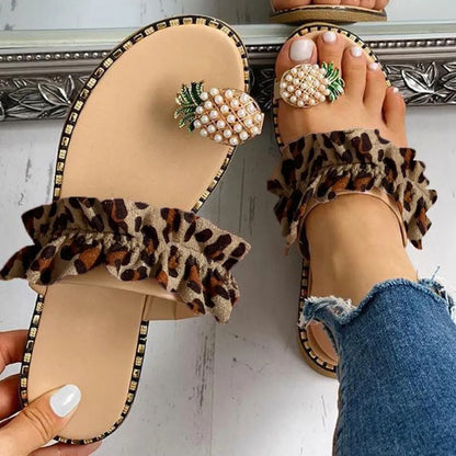 Womens Bohemian Pineapple Pearl Flat Slide Sandals 5