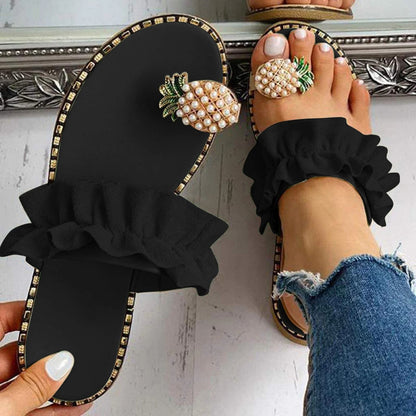 Womens Bohemian Pineapple Pearl Flat Slide Sandals 6