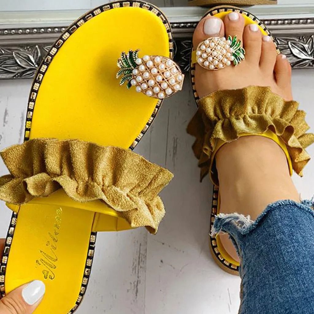Womens Bohemian Pineapple Pearl Flat Slide Sandals 7