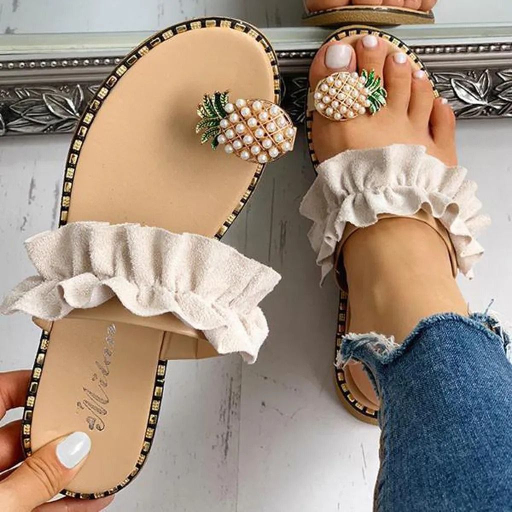 Womens Bohemian Pineapple Pearl Flat Slide Sandals 8