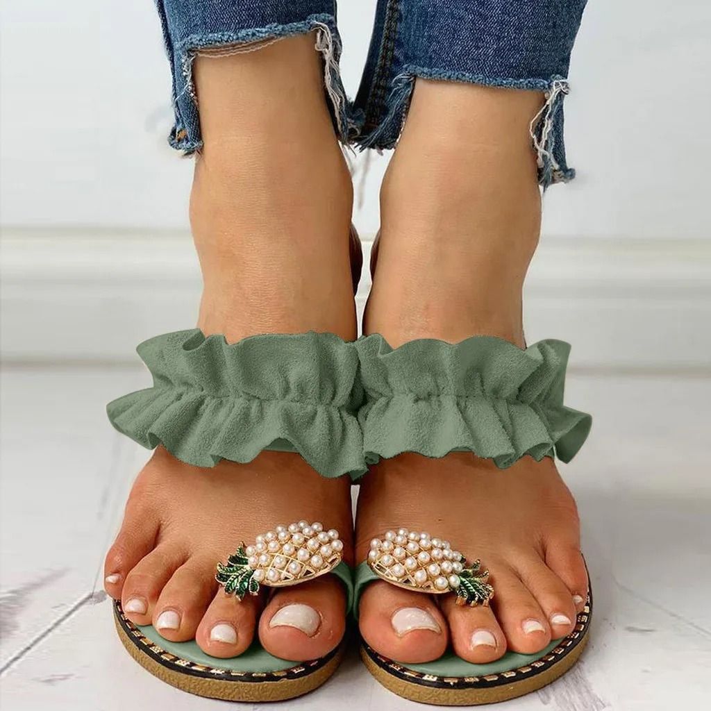 Womens Bohemian Pineapple Pearl Flat Slide Sandals 2