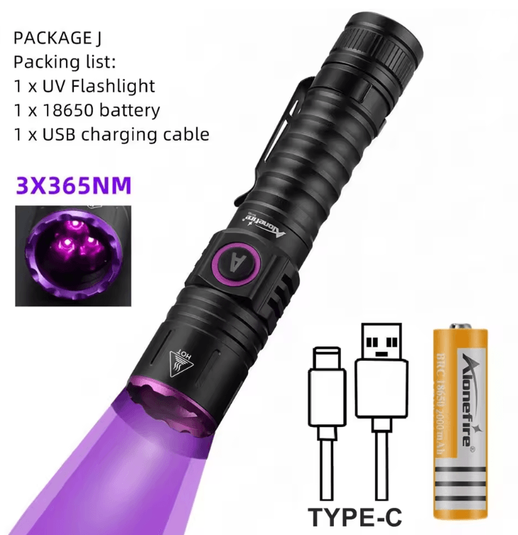 15W UV Blacklight Flashlight 365nm USB Rechargeable For Pet Stains Money And Mineral Detection 5