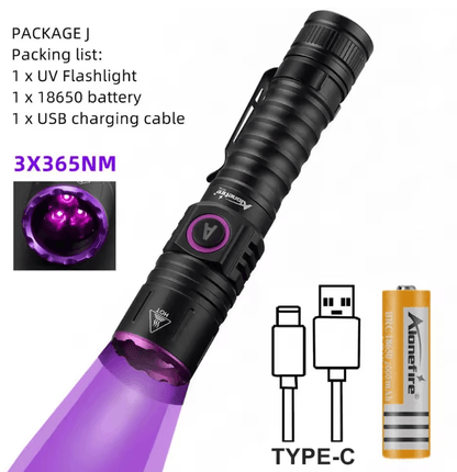 15W UV Blacklight Flashlight 365nm USB Rechargeable For Pet Stains Money And Mineral Detection 5