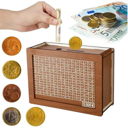 Wooden Euro Money Box with Saving Goals and Numbered Counter – Reusable Piggy Bank for Kids and Adults