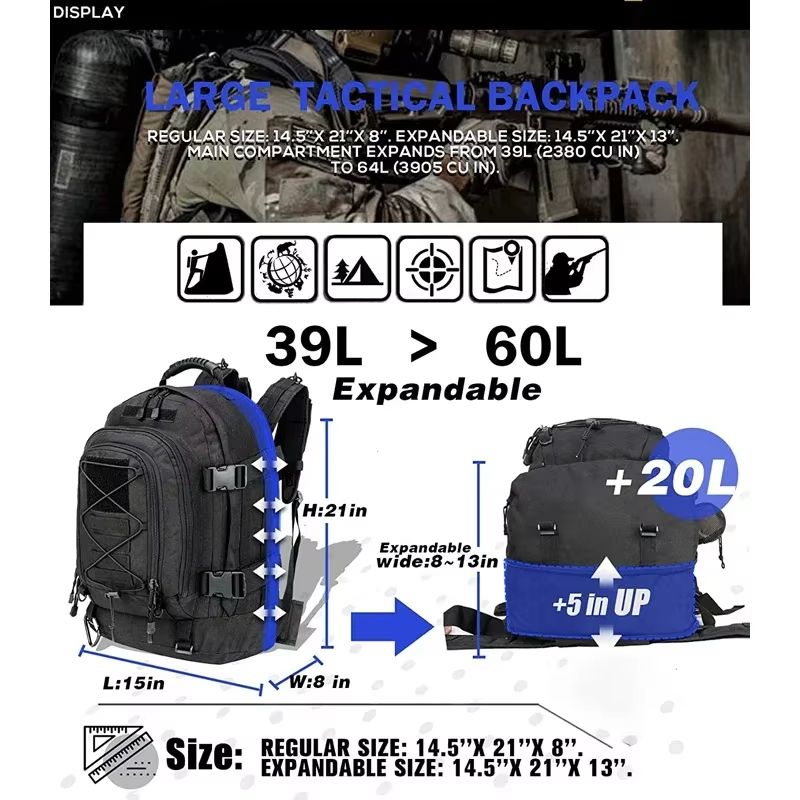 Extra Large 60L Tactical Backpack  WaterResistant Outdoor Hiking  Travel Pack With Laptop Compartme 5