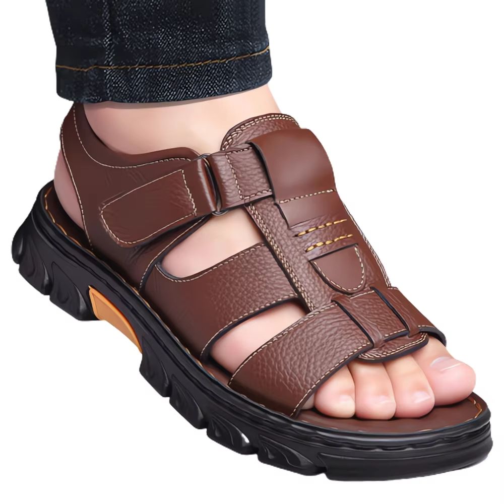 Loveontop Men's Leather Sandals – Comfortable Cowhide Beach Shoes with Non-Slip Thick Sole