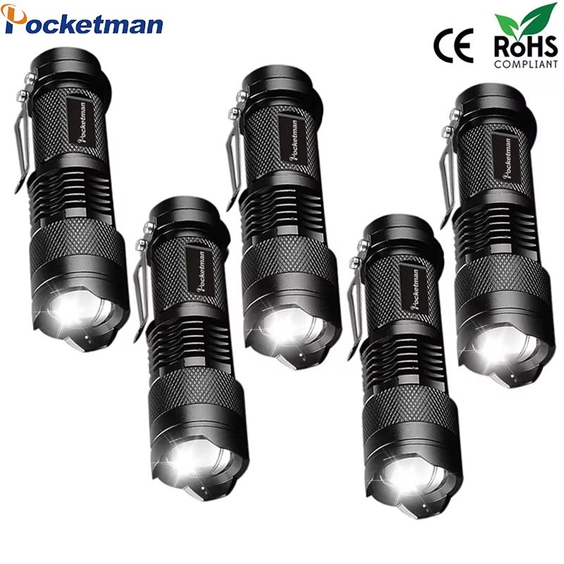 Set of 5 Mini Tactical LED Flashlights – Bright, Zoomable, Pocket-Sized Torches Powered by AA or 14500 Batteries