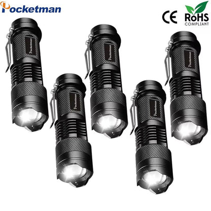 Set of 5 Mini Tactical LED Flashlights – Bright, Zoomable, Pocket-Sized Torches Powered by AA or 14500 Batteries
