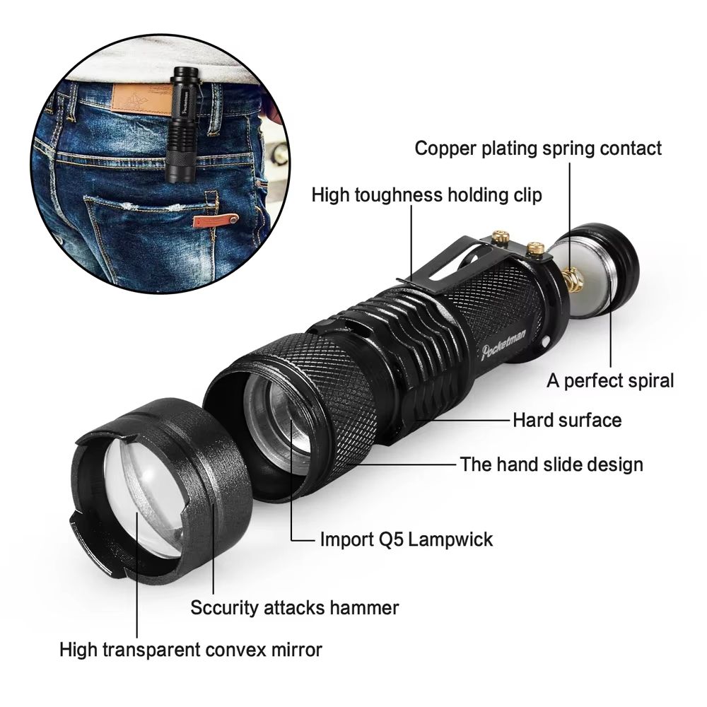 Set Of 5 Mini Tactical LED Flashlights  Bright Zoomable PocketSized Torches Powered By AA Or 14500  4