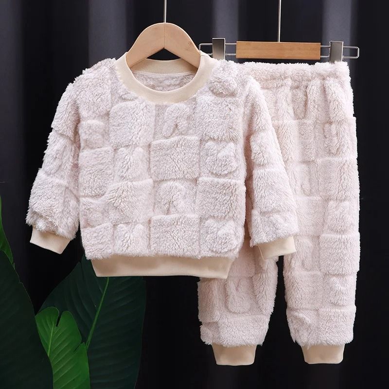 Flannel Kids Pajama Set Girls Boys Long Sleeve Top And Pants 6