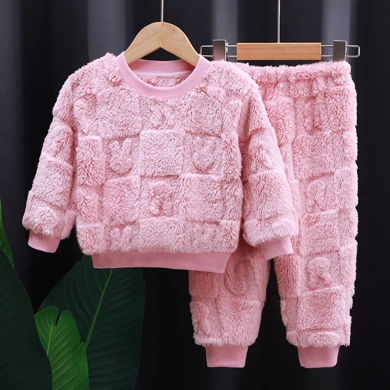 Flannel Kids Pajama Set Girls Boys Long Sleeve Top And Pants 7