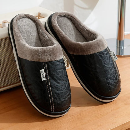 Mens PU Leather Winter Slippers with Fur Lining Waterproof Indoor Flats