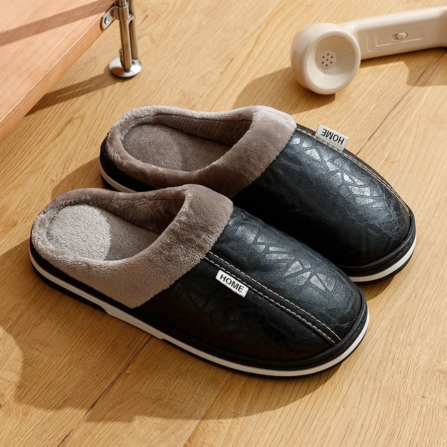Mens PU Leather Winter Slippers With Fur Lining Waterproof Indoor Flats 1