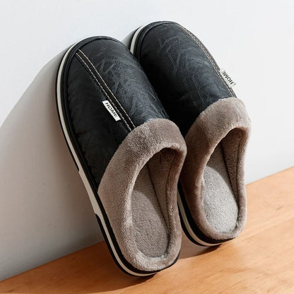 Mens PU Leather Winter Slippers With Fur Lining Waterproof Indoor Flats 2