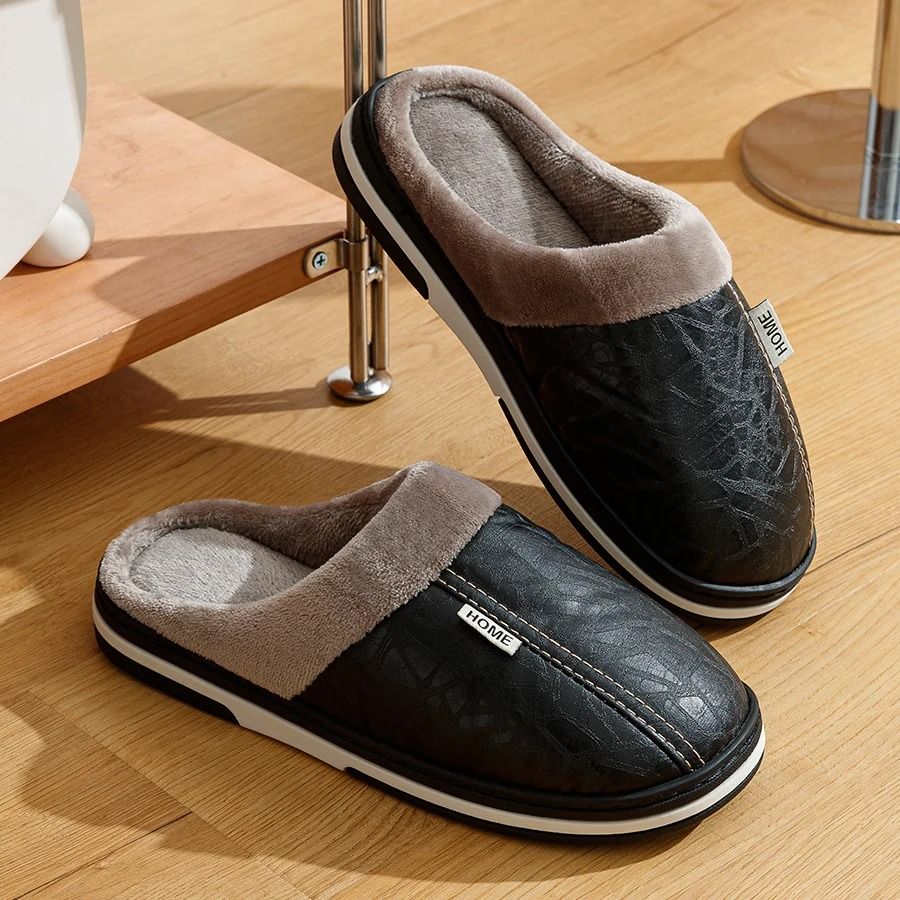Mens PU Leather Winter Slippers With Fur Lining Waterproof Indoor Flats 3