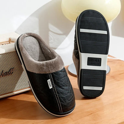 Mens PU Leather Winter Slippers With Fur Lining Waterproof Indoor Flats 4