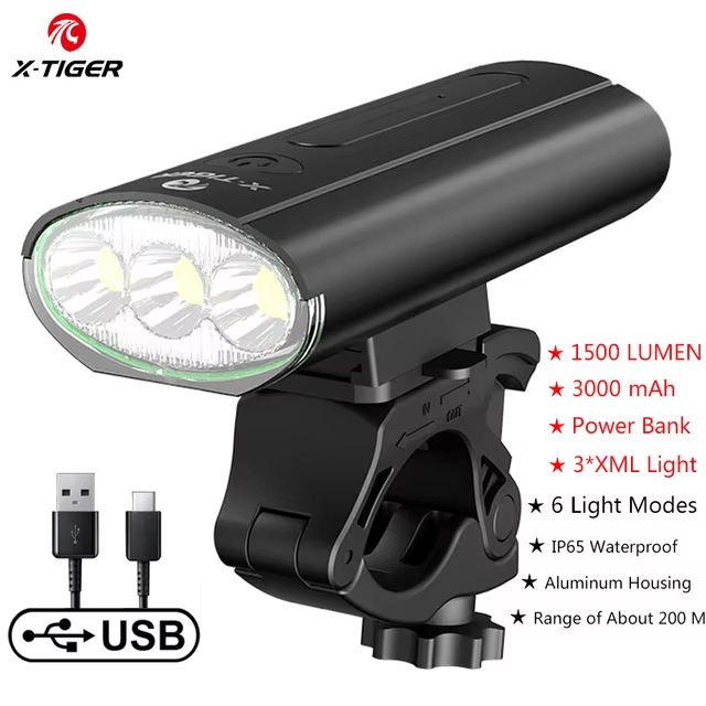 XTIGER 2400 Lumen Waterproof Bike Light  USB Rechargeable Aluminum Alloy Cycling Headlight For MTB  15