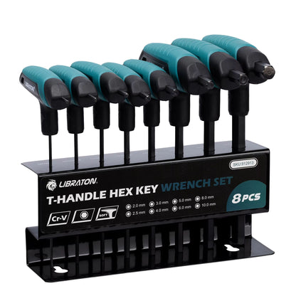 8PCS Metric T-Handle Allen Wrench Set – 2.0mm–10mm Hex Key Tools with Storage Rack for Auto, Bike & DIY Repair