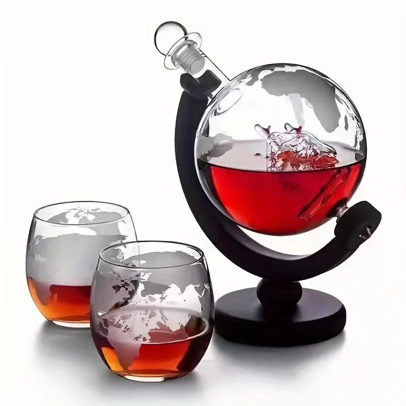 Globe Whiskey Decanter with Wooden Stand 900ml with Optional Glasses