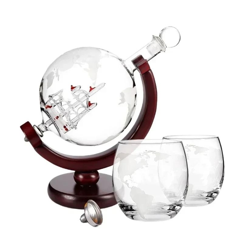 Globe Whiskey Decanter With Wooden Stand 900ml With Optional Glasses 7