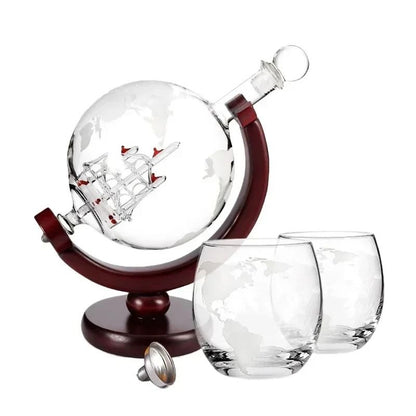 Globe Whiskey Decanter With Wooden Stand 900ml With Optional Glasses 7