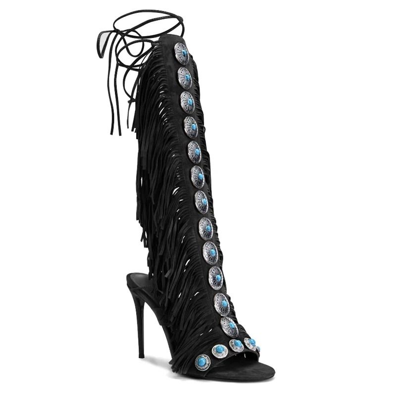 Cow Suede Tassel Lace Up Peep Toe High Heel Sandals 4
