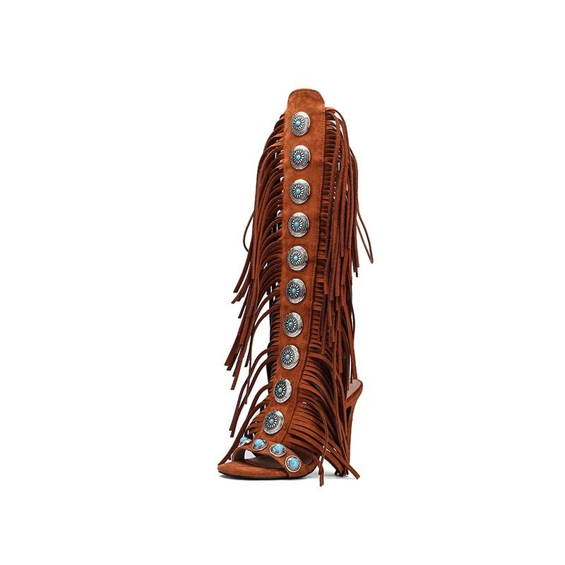 Cow Suede Tassel Lace Up Peep Toe High Heel Sandals 6
