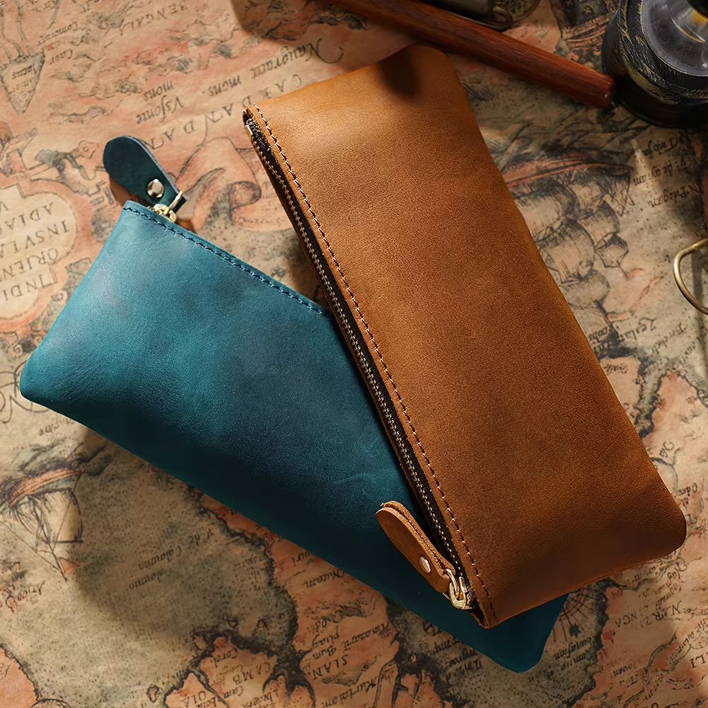 Vintage Genuine Leather Pencil Case – Handmade Large Capacity Zipper Organizer Bag with Patriotic Cow Design