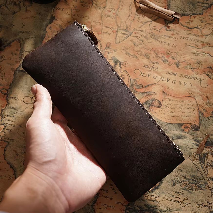 Vintage Genuine Leather Pencil Case  Handmade Large Capacity Zipper Organizer Bag With Patriotic Co 4