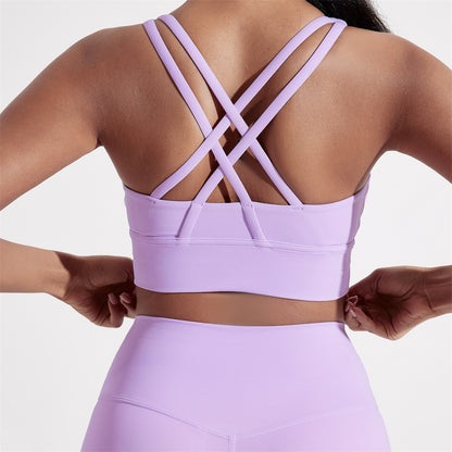 Solid Color Womens Cross Back Fitness Sport Bra, High Strength Tight Top for Comprehensive Training, Gym, Yoga