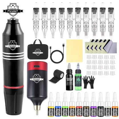 Wireless Rotary Tattoo Machine Kit with Cartridges for Professional and Beginner Artists