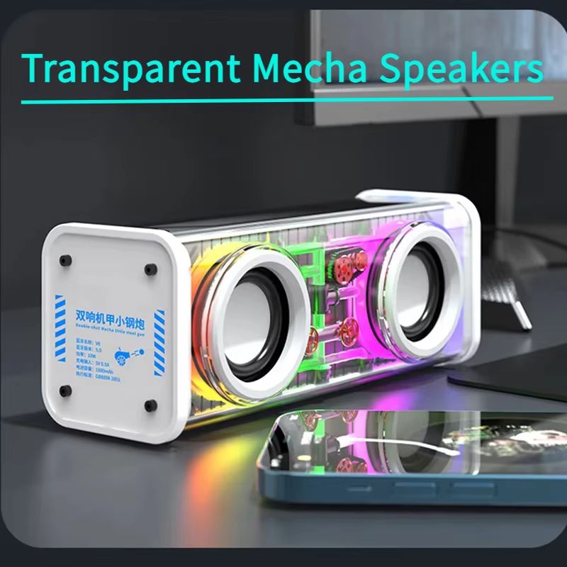 V8 Transparent Bluetooth Speaker – Wireless TWS Subwoofer with Double Bass, RGB Lights & Portable Mini Party Sound
