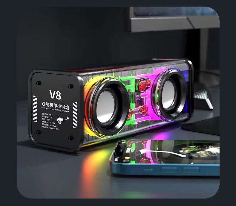 V8 Transparent Bluetooth Speaker  Wireless TWS Subwoofer With Double Bass RGB Lights  Portable Mini 6