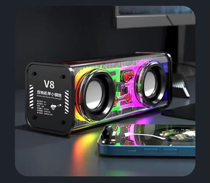 V8 Transparent Bluetooth Speaker  Wireless TWS Subwoofer With Double Bass RGB Lights  Portable Mini 6