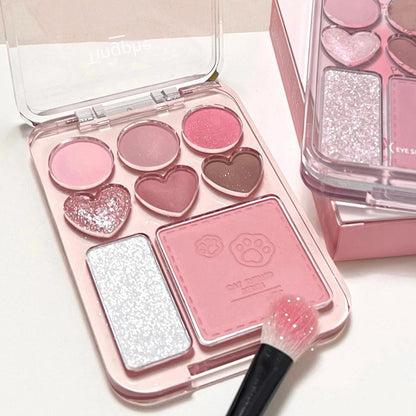 Heart-Shaped Color Pink Orange Eyeshadow Palette with Facial Blusher & Highlighter, Brightening, Lasting Eye Shadow