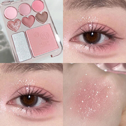Heart-Shaped Color Pink Orange Eyeshadow Palette with Facial Blusher & Highlighter, Brightening, Lasting Eye Shadow