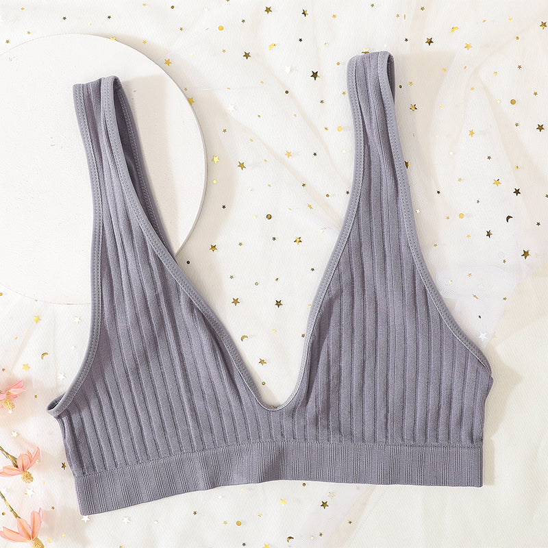 Women's V-Neck Push Up Bra, Seamless Sexy Lingerie, Low Back Bralette for Sleep, Unlined Ribbed Crop Top