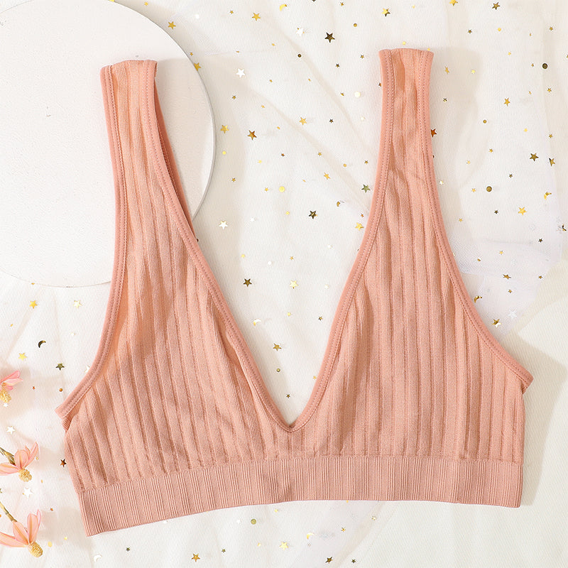 Women's V-Neck Push Up Bra, Seamless Sexy Lingerie, Low Back Bralette for Sleep, Unlined Ribbed Crop Top