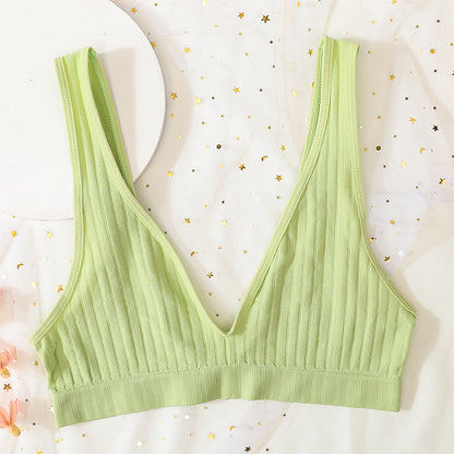 Women's V-Neck Push Up Bra, Seamless Sexy Lingerie, Low Back Bralette for Sleep, Unlined Ribbed Crop Top