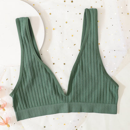 Women's V-Neck Push Up Bra, Seamless Sexy Lingerie, Low Back Bralette for Sleep, Unlined Ribbed Crop Top