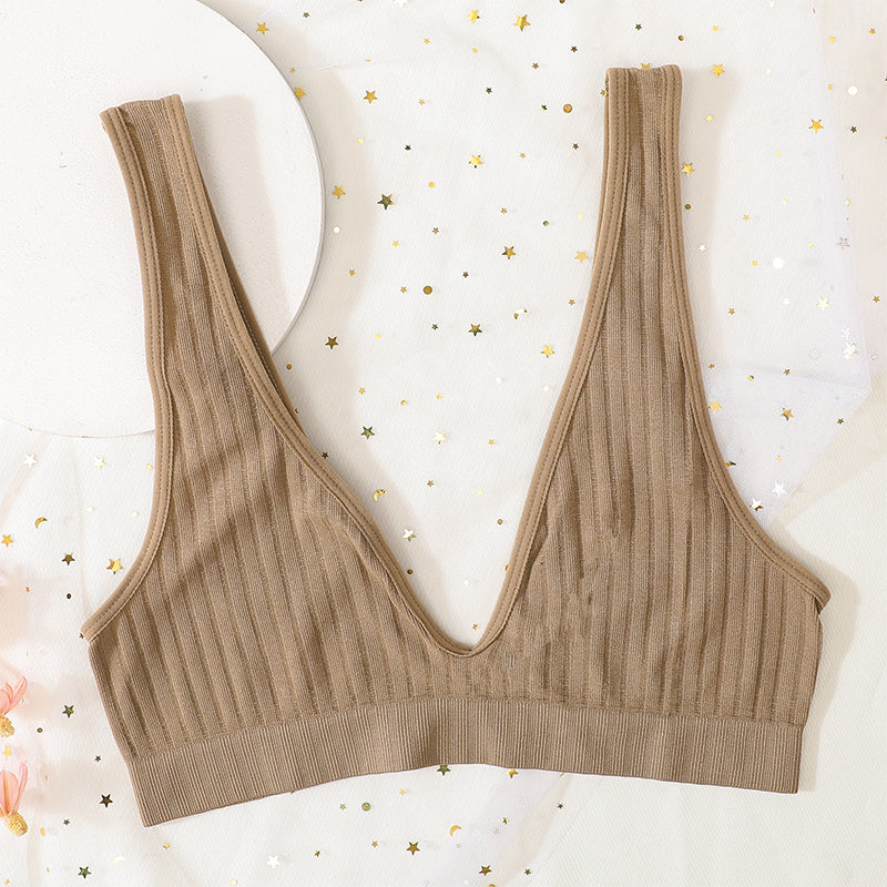 Women's V-Neck Push Up Bra, Seamless Sexy Lingerie, Low Back Bralette for Sleep, Unlined Ribbed Crop Top