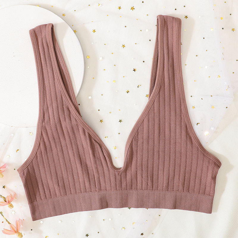Women's V-Neck Push Up Bra, Seamless Sexy Lingerie, Low Back Bralette for Sleep, Unlined Ribbed Crop Top