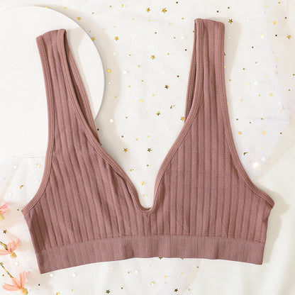 Women's V-Neck Push Up Bra, Seamless Sexy Lingerie, Low Back Bralette for Sleep, Unlined Ribbed Crop Top