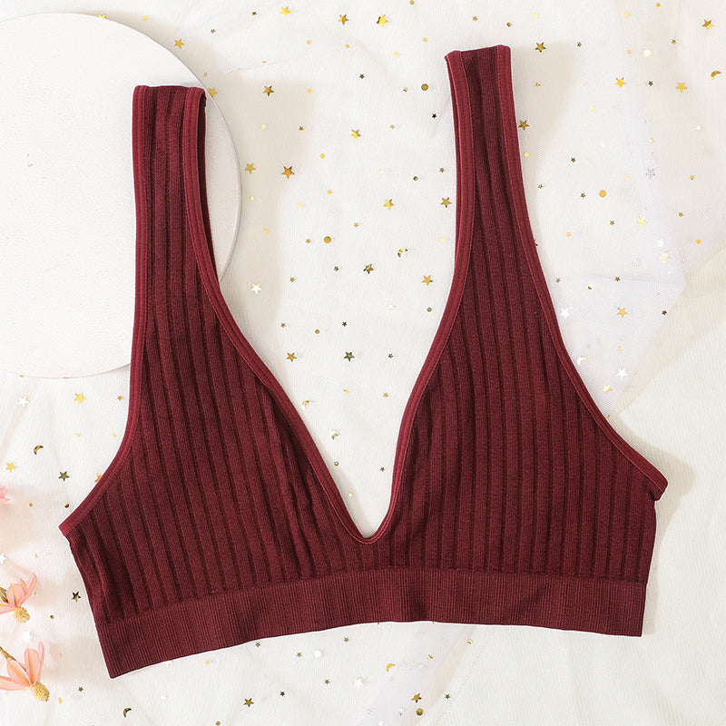 Women's V-Neck Push Up Bra, Seamless Sexy Lingerie, Low Back Bralette for Sleep, Unlined Ribbed Crop Top