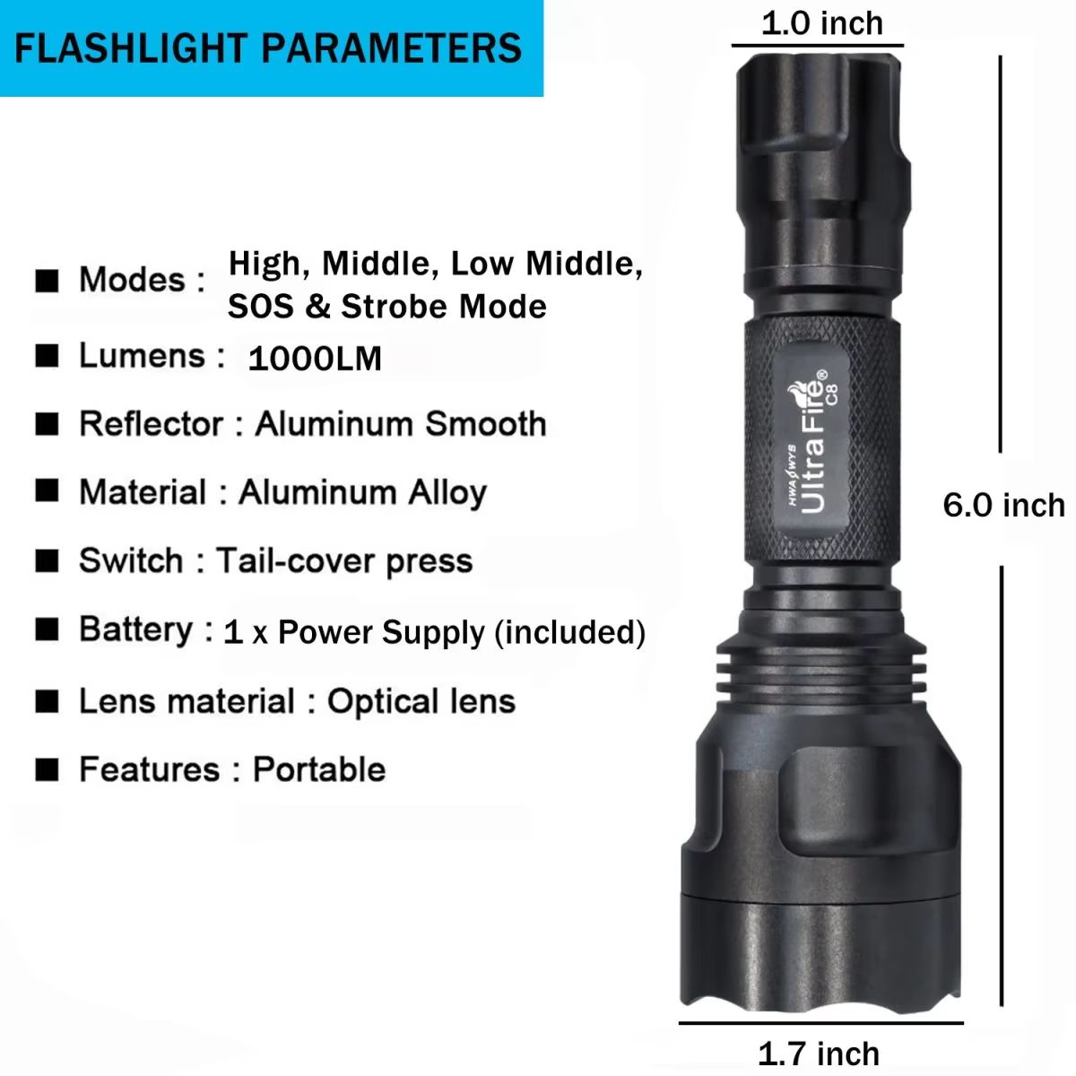 UltraFire C8 Tactical Flashlight  High Power LED Military Torch With Pressure Remote Switch For Out 1