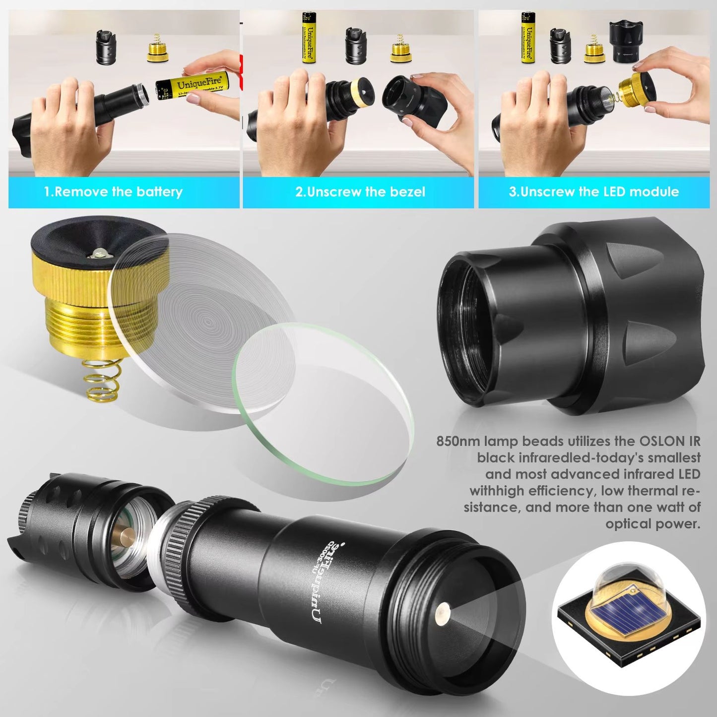 UniqueFire 2002D Night Vision Hunting Flashlight  940nm850nm VCSEL LED Zoom Torch With Fresnel Lens 3
