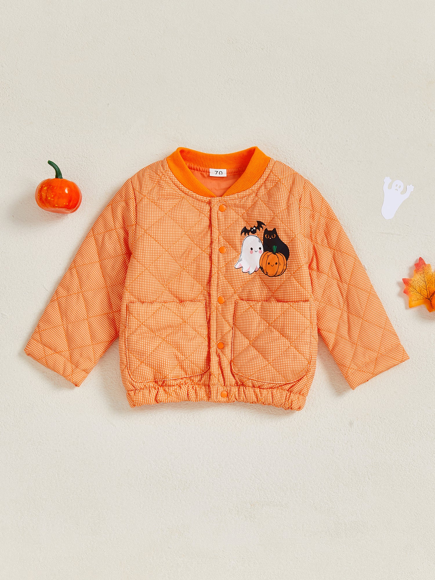 Infant Halloween Costume, Pumpkin Ghost Print Quilted Jacket with Stand Collar & Pockets for Toddlers