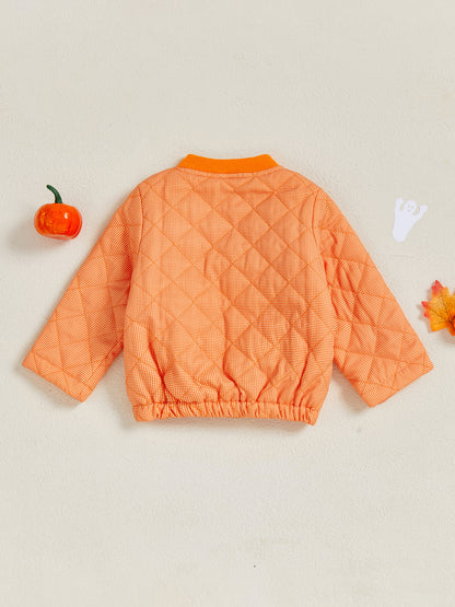 Infant Halloween Costume, Pumpkin Ghost Print Quilted Jacket with Stand Collar & Pockets for Toddlers