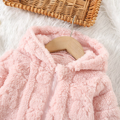 Baby Girl Princess Pink Fleece Jacket with Love Pattern, Toddler Winter Warm Coat Hooded Outwear