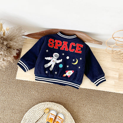 Baby Winter Clothes, Infant Boys Astronaut Jacket with Cartoon Print, Cotton Thick Warm Coat for Kids Outerwear